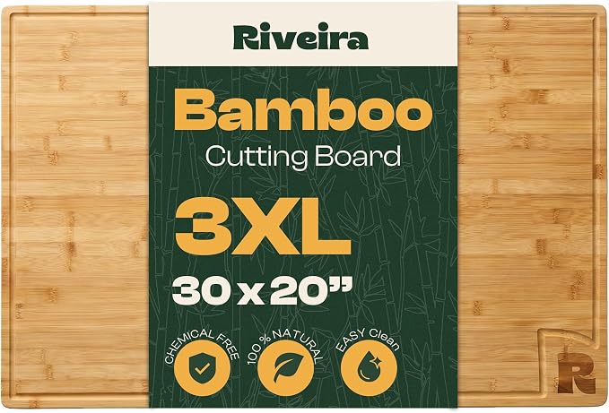 Riveira Extra Large Bamboo Cutting Board, 30" x 20", 0.8 Inch Thick – Cool Stove Top Cover Cutting Board, Noodle Board Stove Cover with Juice Groove, Reversible Butcher Block for Charcuterie