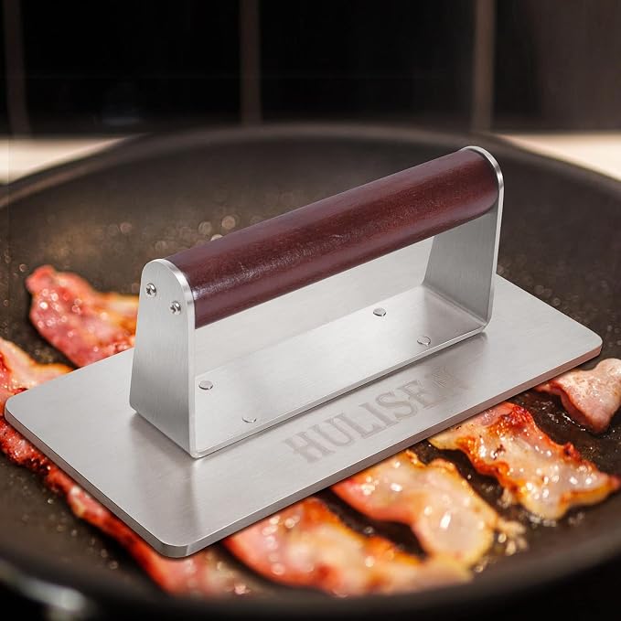HULISEN Stainless Steel Bacon Press, 9 Inch Large Heavy Duty Burger Press with Wood Handle, Non-stick Grill Press for Griddle, Steak Weight Griddle BBQ Accessories for Panini, Sandwiches, Gift Package | Wood Handle, Long Rectangular Flat Edge, Reduce B...