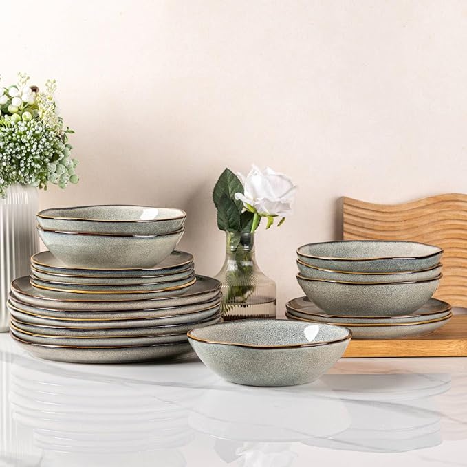 AmorArc Ceramic Dinnerware Sets for 4, 12Pcs Plates and Bowls Sets Dishes | Stoneware Handmade Reactive Glaze Dinner Set, Highly Scratch Resistant | Dishwasher & Microwave Safe Dishware