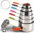 Bopei Measuring Cups and Spoons Set Stainless Steel 11 Piece for Cooking and Baking (6 Cups + 5 Spoons, Colorful Handles)