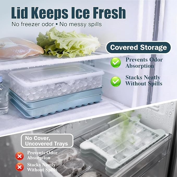Mini Ice Cube Trays for Freezer with Lid, 0.55" Pebble Ice | 2 Trays-Blue, with Ice Box & Scoop. for Iced Coffee, Bottles, Juice & Everyday Drinks, Easy Twist Release, Stackable