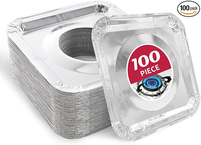 Aluminum Gas Stove Burner Covers -Thicker Foil Square Burner Liners - Disposable Gas Range Protectors, 100 Pack（Outer diameter: 8.5 x 8.5 inch）