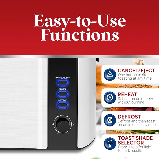 Elite Gourmet ECT-3100# Long Slot 4 Slice Toaster, Reheat, 6 Toast Settings, Defrost, Cancel Functions, Built-in Warming Rack, Extra Wide Slots for Bagels Waffles, Stainless Steel & Black