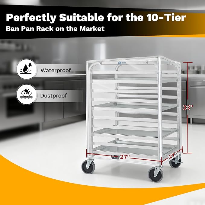 BIEAMA 10 Tier Full Size Bun Rack Cover, Commercial Bakers Racks Cover | Clear PVC Sheet Pan Rack Cover with 2 Sided Zippers, 27" L x 21" W x 33" H