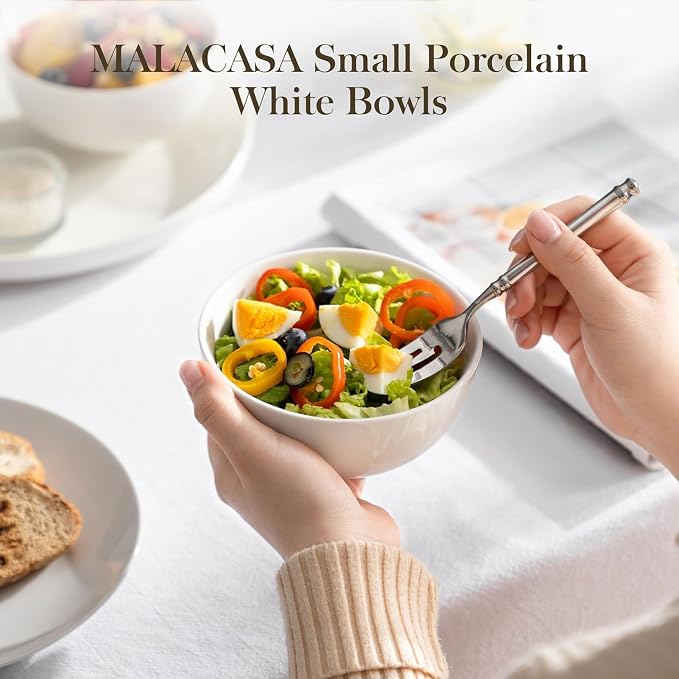 MALACASA 14 Oz Small Ceramic Bowls Set of 8, White Porcelain Bowl for Rice | Perfect for children, dessrt, Side dishes, rice, & ice cream; scratch-resistant, stackable, microwave, oven & dishwasher safe