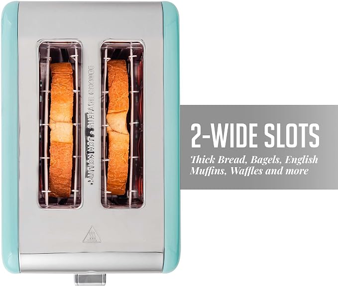 OVENTE 2-Slice Electric Toaster, 825W 6 Browning Setting, Turquoise TS2450T | Perfect for Bagel, and Defrost, with Cancel Functions, Extra-Wide Slots, Stainless Steel Retro Countertop Design