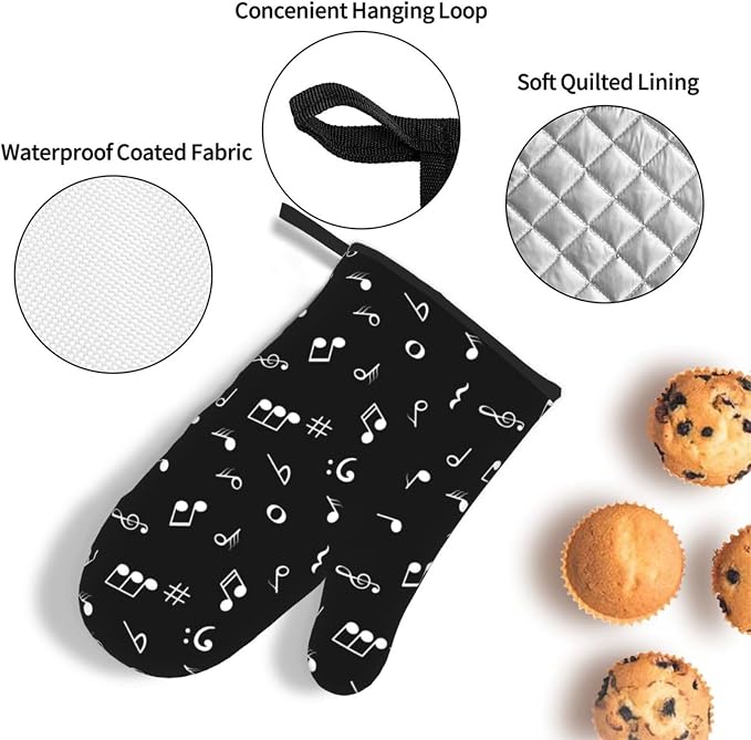 Music Notes Oven Mitts and Pot Holders Sets of 3 Black Hot Pads Musicial Oven Gloves Heat Resistant Non Slip Washable for Kitchen Cooking Grilling Baking