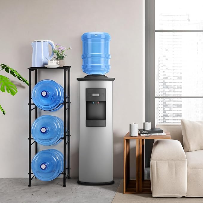 OYEAL Water Jug Holder Stand 5 Gallon Water Bottle Holder Organizer with Shelf, Heavy Duty 3 Tier Water Bottle Storage Rack for Kitchen, Office, Living Room, Black