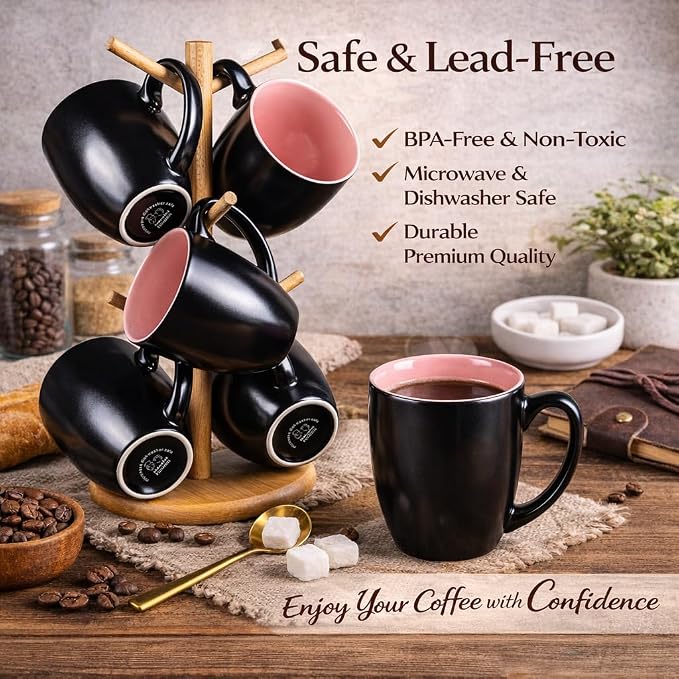 GBhome 16 oz Coffee Mugs Set of 6, Ceramic Coffee Cups- Pink