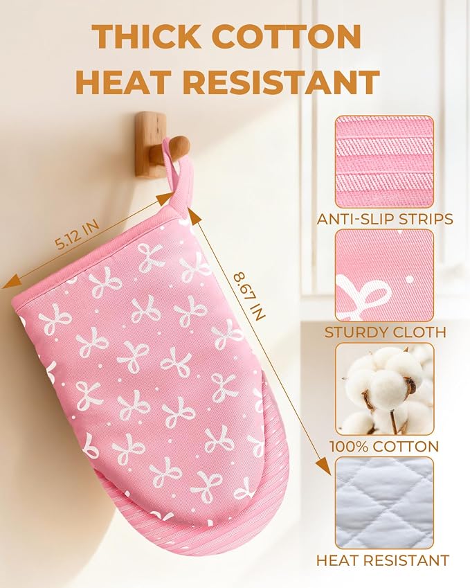 100% Thick Cotton Mini Oven Mitts Silicone Grip Girly Pink Bow | Girly Cute Oven Mitts for Women, Machine Washable, Non-Slip, Reversible Design Fits Both Hands, Stylish Kitchen Decor