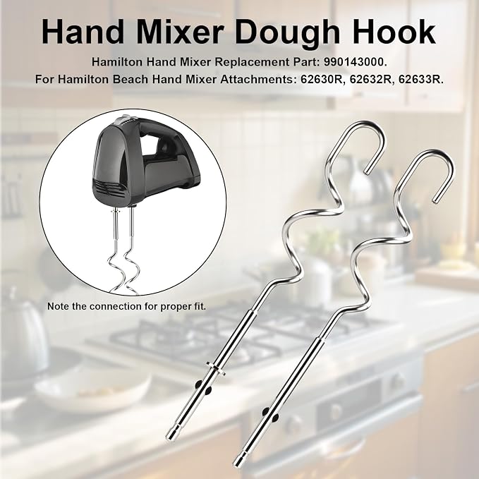 2pcs 990143000 Mixer Dough Hook for Hamilton, Stainless Steel Hand Mixer Replacement Beaters Attachments Dough Hook Accessories Compatible with Hamilton Beach 62630R 62632R 62633R