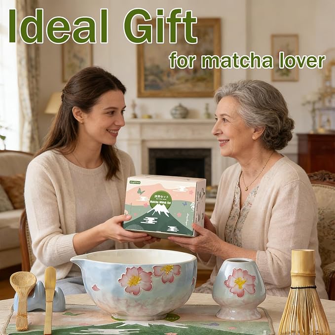 Clay&Fire Matcha Whisk set, 9 pcs Handcrafted Matcha Set for Beginner | Matcha Bowl with Spout and Whisk, Matcha Tea Kit for Matcha Lovers, Ideal Gift for Friend(Cherry Pink)