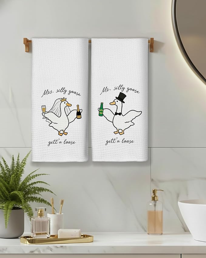 Funny Goose Kitchen Towels, Bachelorette Party Gifts Dish Tea Towels for Kitchen Decor, Engagement Newly Engaged Gifts for Couples Decorative Hand Towel for Bathroom, 16x24 Inch Set of 2