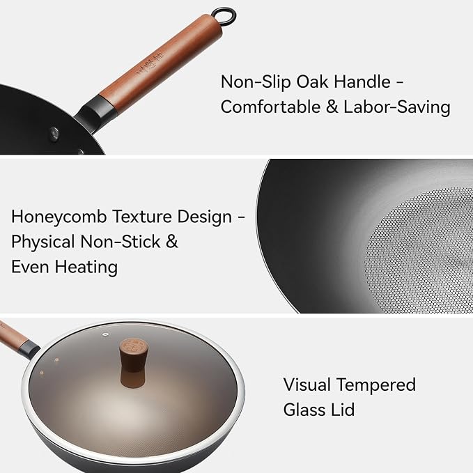 WANGYUANJI 12.6" Carbon Steel Wok Pan with Lid, Flat Bottom Chinese Wok | Lightweight Stir Fry Pan with Wooden Handle, Induction Cookware for Electric, Gas & Glass Top Stoves, No Coating, 2.5lb