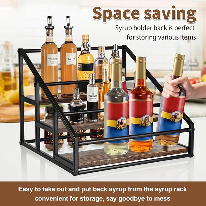 YQBRAO 3-Tier Coffee Syrup Organizer, 12-Bottle Rack, Rustic Brown | Holds up to 12 bottles with stepped visibility and a compact footprint for coffee bars, kitchens, and syrup stations.