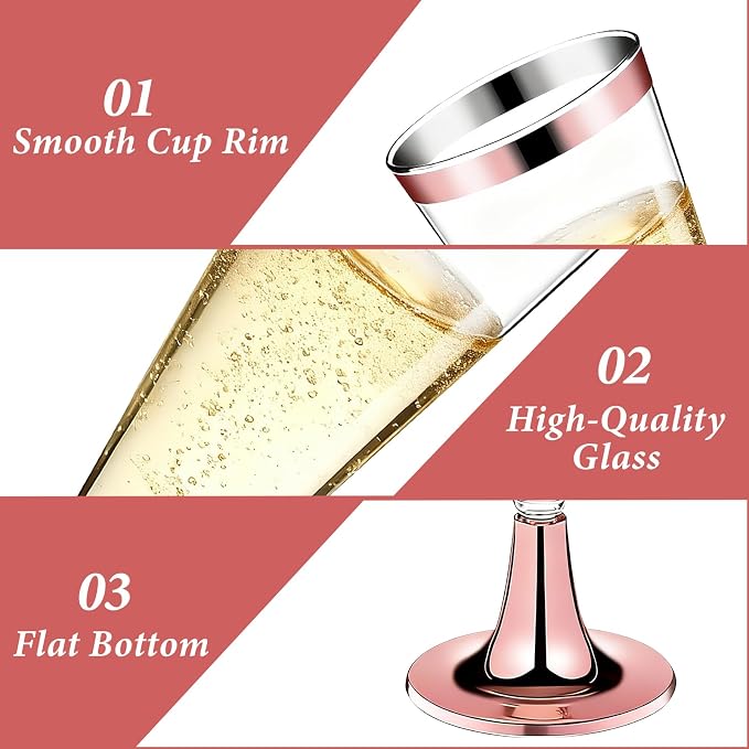 GuanQiao 100 Pack Plastic Champagne Flutes with Rose Gold Rim Pink Bottom, 5.5 Oz Clear Disposable Plastic Champagne Glasses, Wine Glasses Cups for Wedding Celebration New Years Eve Party Supplies