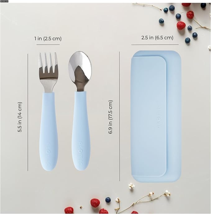 ASOMIC 316 Stainless Steel Toddler Utensils with Travel Case, Sky Blue | 316 stainless steel fork and spoon with BPA-free silicone handles and travel case; dishwasher safe.