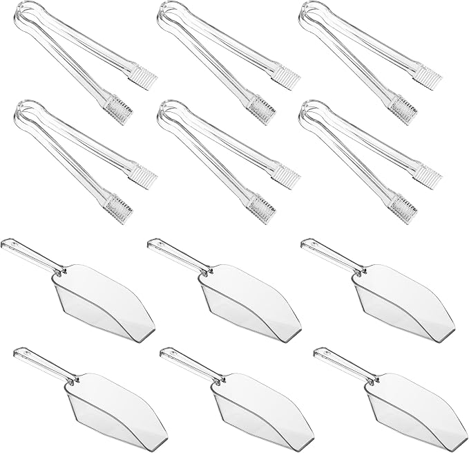 12 Combo Pack, 6 Pieces Plastic Serving Tongs Mini Kitchen Tongs Kitchen Tongs Utility and 6 Pieces Plastic Kitchen Scoops Clear Ice Scoop Mini Clear Buffet Scoop for Candy Dessert Buffet Ice