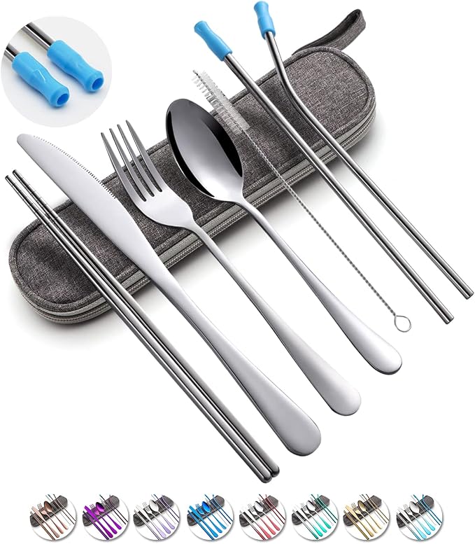 Travel Utensils Set with Case Reusable Portable Cutlery Set Stainless Steel 8pcs Including Dinner Knife Fork Spoon Chopsticks Straws(Silver) | Dishwasher Including Dinner Knife Fork Spoon Chopsticks Straws Travel Fork Spoon Knife for Work, School, Camp...