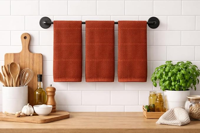 Cinnamon Maroon Rust Kitchen Dish Towels, Set of 3, 100% Cotton, 18" x 28" | Terry Loop Textured, Soft & Absorbent Cleaning Cloth, Quick Dry, Multipurpose for Everyday Use
