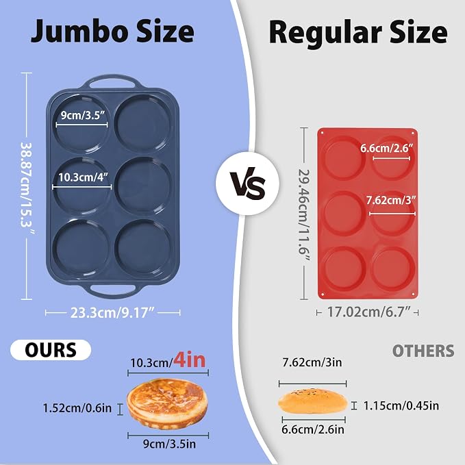 4 Inch Jumbo Silicone Muffin Top Pan with Frame Non Stick Egg Mold Baking | Silicone Egg Mold for Oven, Large Whoopie Pie Baking Pan with Handle for English Breakfast Sandwich Egg Bite Bun Tart Vnray