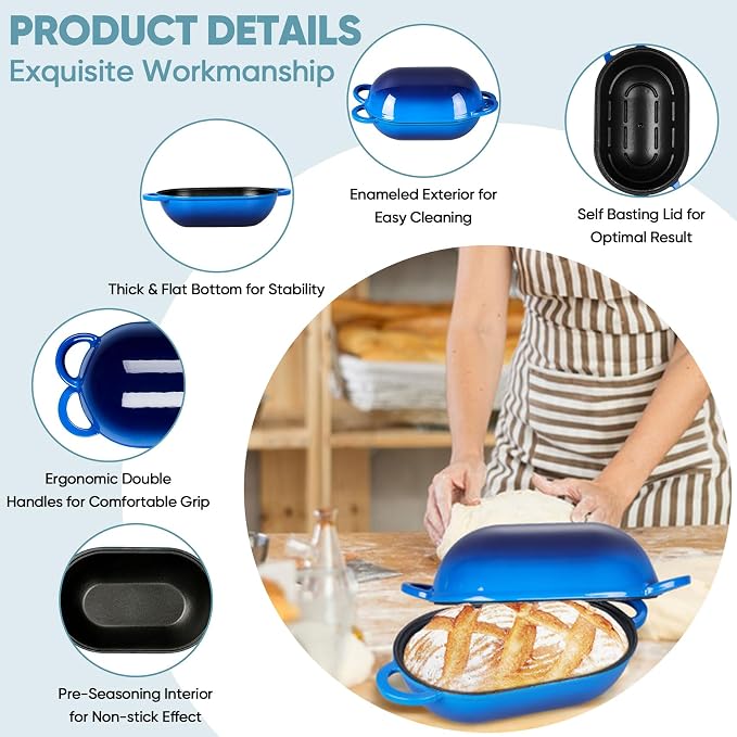 TeamFar Enameled Cast Iron Bread Loaf Pan, 2 QT Oval Dutch Oven with Lid | for Sourdough Bread Baking, Enameled Meatloaf Loaf Baking Pan with Lid, Even Heat Distribution & Self-Basting, Blue