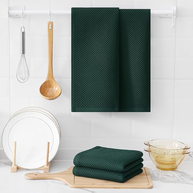 Kitinjoy Cotton Waffle 8-Pack Kitchen Towels, 13" x 28", Blackish Green | Super Soft, Ultra-Absorbent, Fast Drying, lightweight, Quick Drying Kitchen Hand Towels