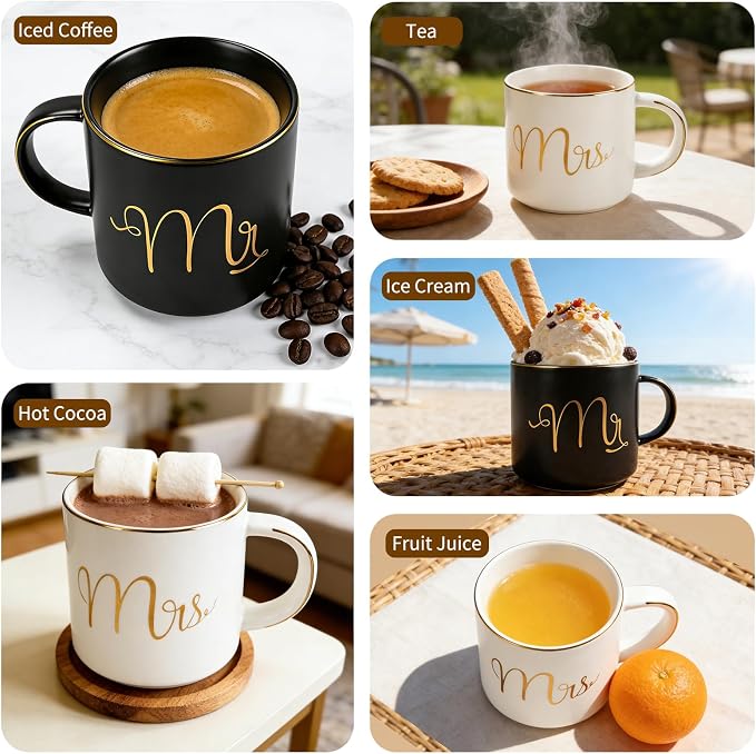 Cheardia 12 oz / 360 ml Mr. and Mrs. Mug, Ceramic Coffee Couple Mug Set | His and Hers Mugs for Bride and Groom, Anniversary, Valentines, Bridal Shower, Engagement Gifts, Black & White