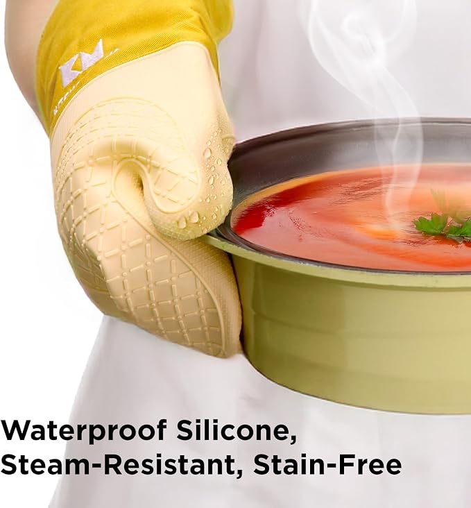 Kitchen Mama UltraShield Silicone Oven Mitts, Yellow | Heat Resistant, Non-Slip Surface, Waterproof, Flexible, Durable