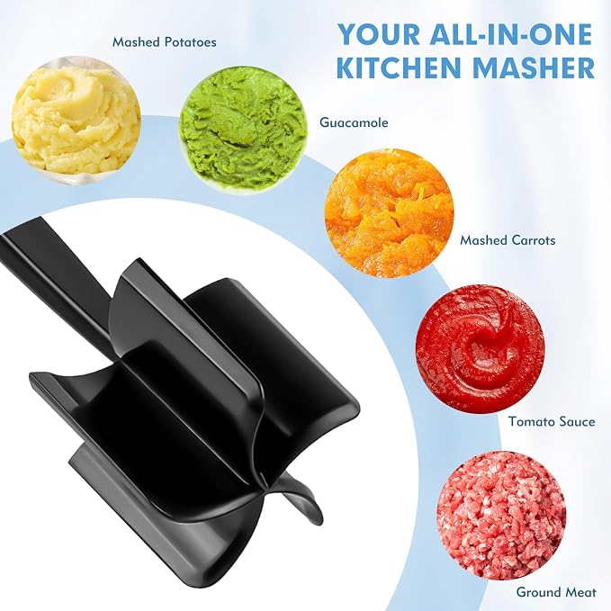 2-Pack Ground Beef Masher, Heat-Resistant Meat Masher with 5 Curved Blades | Non-Scratch Meat Tool for Hamburger & Potatoes (Black)