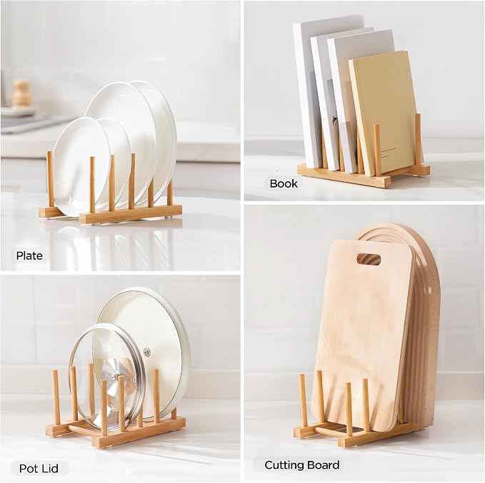 Bamboo Dish Drying Rack for Kitchen Counter & Cabinet (4 Slots) | Detachable Dish/Book/Plate/Bowl/Cup/Cutting Board/Pot Lid Organizer for Kitchen, Living Room, Study, Display Cabinet