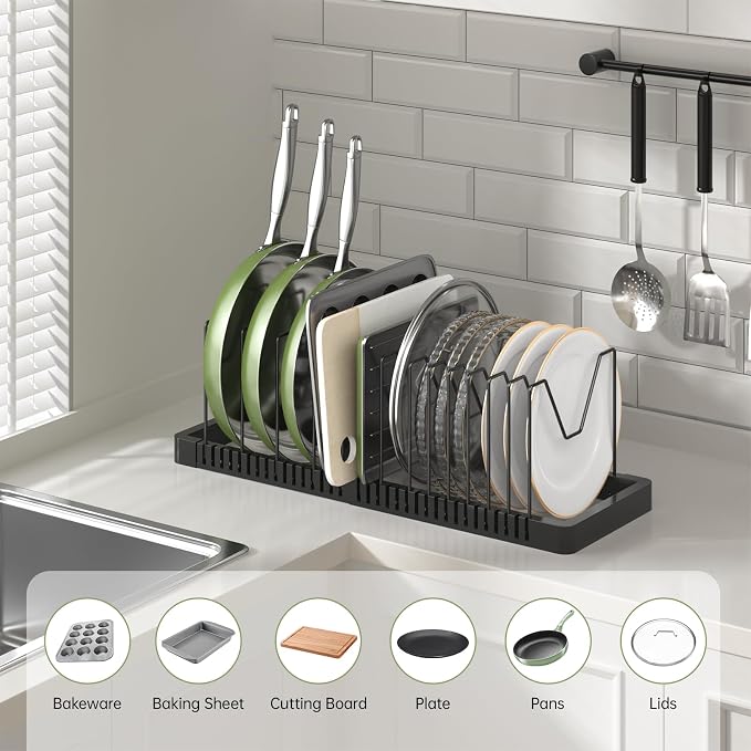 Pots and Pans Organizer under Cabinet, Expandable Pot Lid Organizer Holder with 14 Adjustable Compartment, Pan Organizers inside Cabinet for Lids, Bakeware, Kitchen Storage Pot Rack, Black