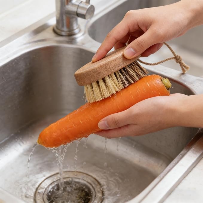 2pcs Vegetable Brush Scrubbers with Wood Handle, Dual Bristle Sisal & Palm Wooden Veggie Scrubbing Cleaner Brush for Vegetable Potatoes Carrots Mushroom Tomato Fruits Produce Cleaning Wash