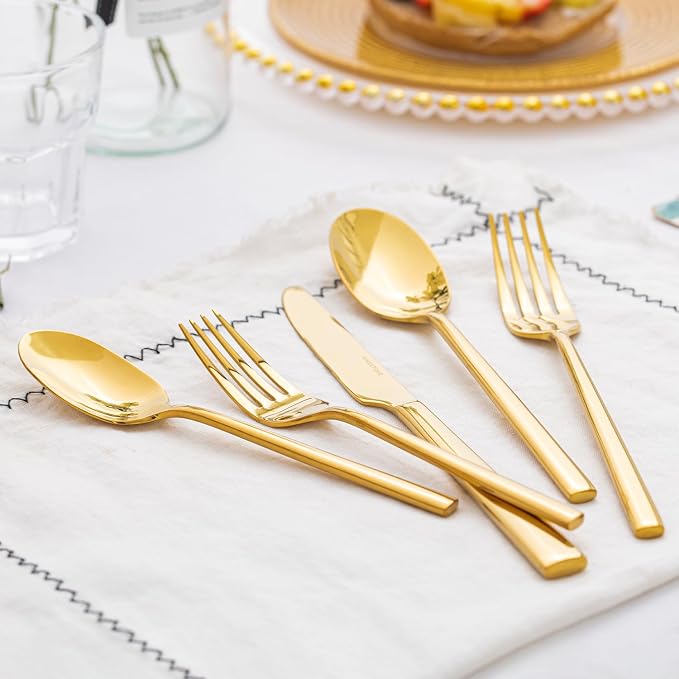 Gold Silverware Set, 20-Piece Forged Flatware Set Cutlery Set Premium Stainless Steel, Service for 4, for Kitchen, Home, Wedding, Party, Mirror Polished and Dishwasher Safe