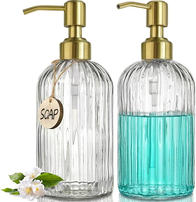 JASAI 2PACK 18Oz Fluted Glass Soap Dispenser with Golden Rust Proof Pump | Refillable Kitchen Soap Dispenser with Vertical Stripe, Bathroom Soap Dispenser for Hand Soap, Dish Soap, liquid Soap, Lotion