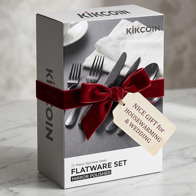 72 PCS NO-FADING Black Silverware Set with Steak Knives-Flatware for 12 | Titanium Black Finish, Rust Resistant, Food-Grade Stainless Steel Cutlery Utensils Set, Mirror Polished & Dishwasher Safe