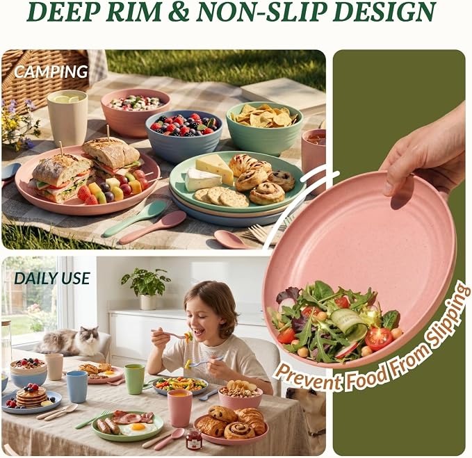 Wheat Straw Dinnerware Sets 20 PCS Cups and Plates Sets for Kitchen Microwave and Dishwasher Safe Plate Set Unbreakable Camping Dish Set Kids Plates and Bowls Sets for Picnic, RV (Multilight)