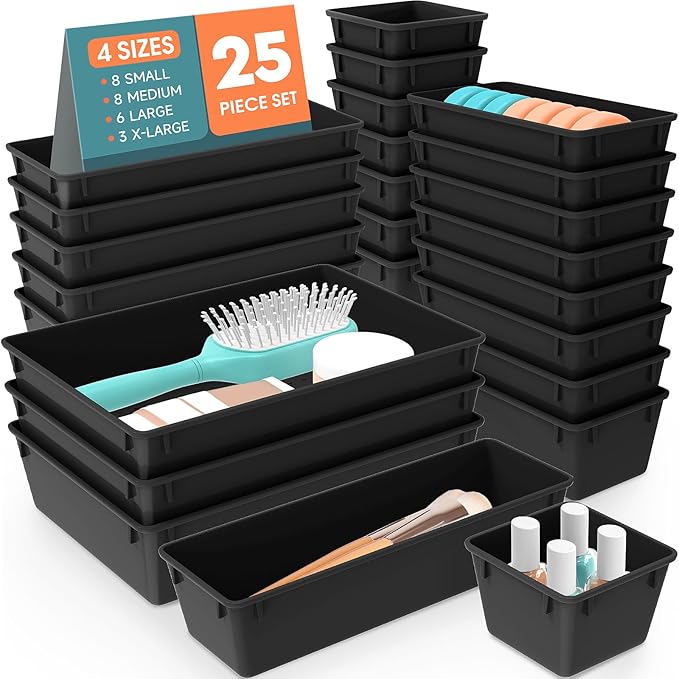 25 PCS Plastic Drawer Organizer Set, Makeup Organizers and Storage Bins | 4 Sizes Desk Drawer Divider Organizers and Storage Bins for Jewelry, Gadgets for Kitchen, Bedroom, Bathroom, Deep Black