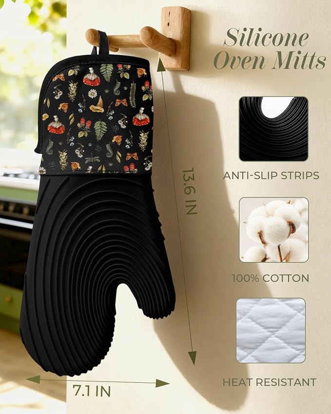 Slohif Long Silicone Oven Mitts Heat Resistant for Women - 2 Pcs Black Mushroom 100% Cotton Oven Gloves, Non-Slip and Waterproof Silicone Oven Mitts with Hanger for Baking and Cooking