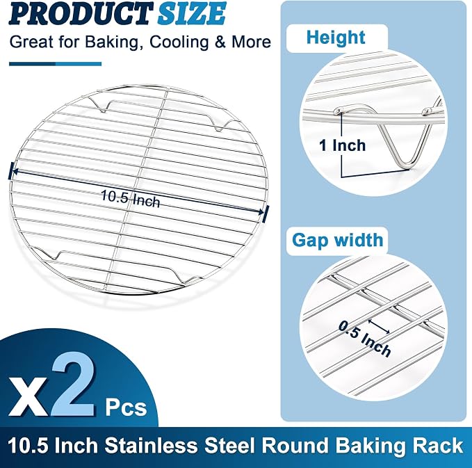 P&P CHEF 10.5 Inch Cooking Rack Round for Steaming Cooling, Silver, 2 Pack | Stainless Steel Round Wire Rack for Baking Grilling, Roasting, Fits Air Fryer, Steamer Pot, Oven & Dishwasher Safe