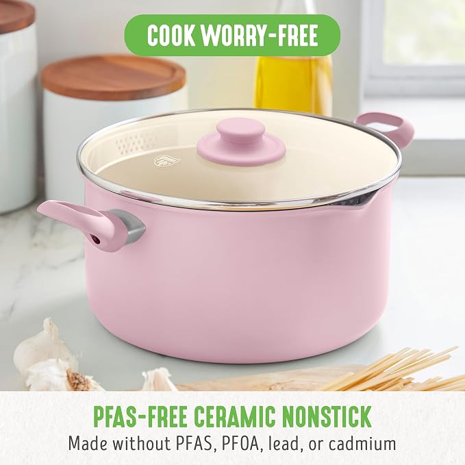 GreenLife 6QT Ceramic Nonstick Stockpot with Glass Straining Lid, Pink | PFAS-Free Ceramic Nonstick Coating, Large Cooking Pot, Soup Pan, Stay-Cool Handles, Dishwasher & Oven Safe up to 350F