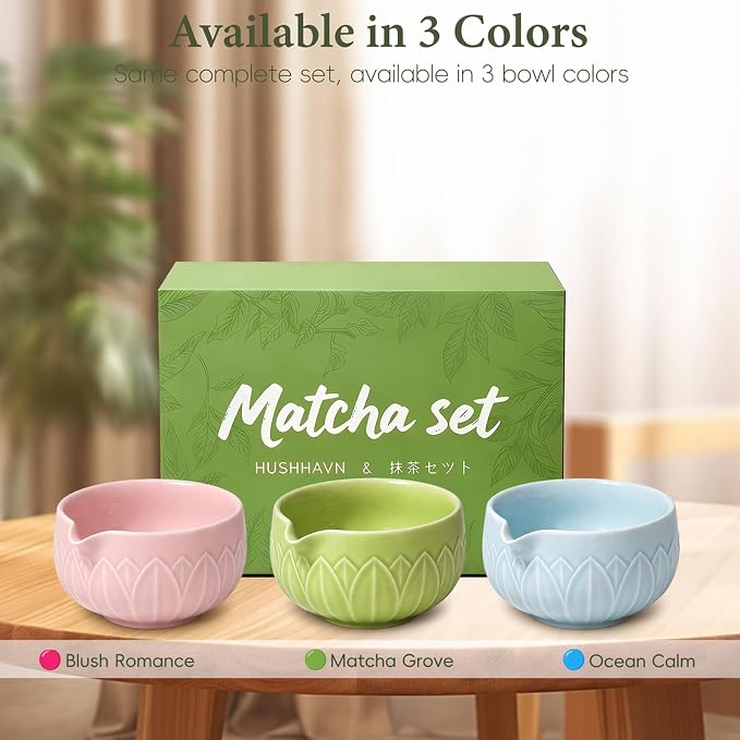 Matcha Whisk Set, Ceramic Matcha Set Includes Bowl & Holder, Bamboo Whisk (Chasen), Scoop, Spoon and Sifter, 6Pcs Matcha Kit Covers Everything Needed for Making Matcha (Leaf Pink)