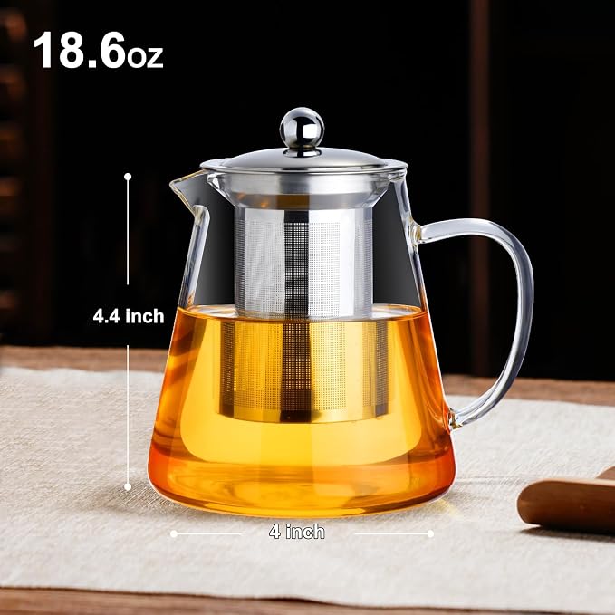 Baalaka Glass Teapot 18.6oz/550ml, Tea Pot with Removable Infusers for Loose Tea, Borosilicate Glass Tea Kettle Tea Maker Stovetop for Camping, Tea Infuser for Loose Leaf Tea Travel | Borosilicate glass tea kettle with infuser; steel strainer for loose...