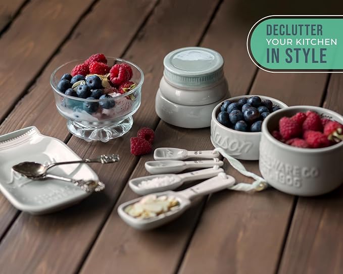 Comfify Gray Mason Jar Measuring Set – 4 Cups, 4 Spoons, Spoon Rest | Gray; ceramic; 9-piece set; 4 measuring cups + 4 measuring spoons + spoon rest; mason jar design; hand wash only