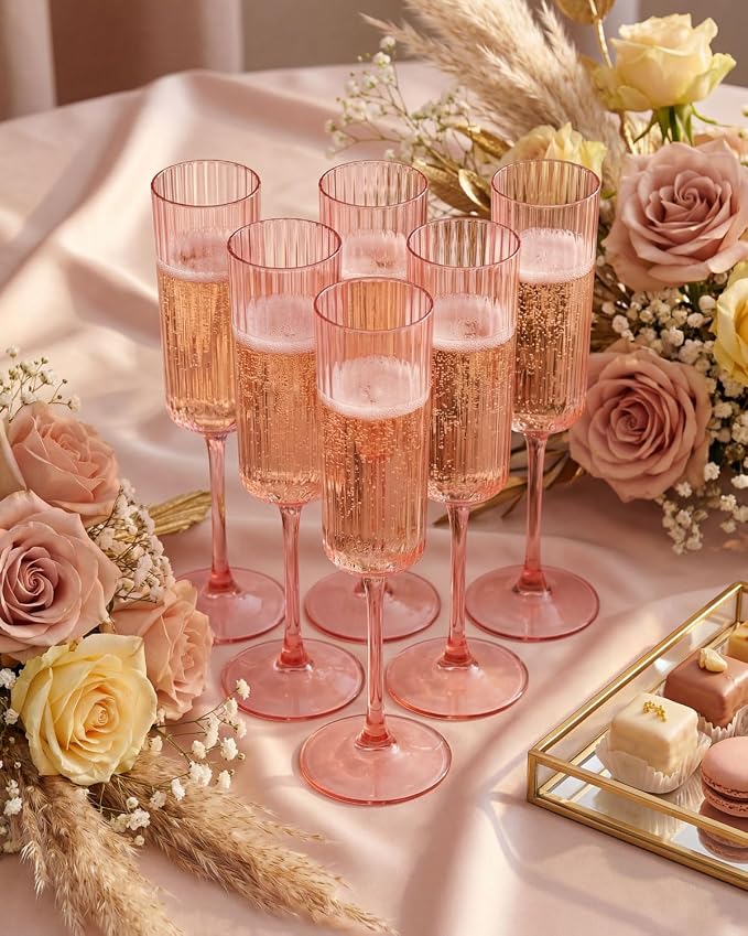 Ciaell 24 Pack Pink Plastic Champagne Flutes for Mimosa Bars | 6 oz Pink Long Stem Vintage Ribbed Mimosa Glasses, Heavy Duty Plastic, Champagne Mimosas Wine Cocktails for Weddings Parties