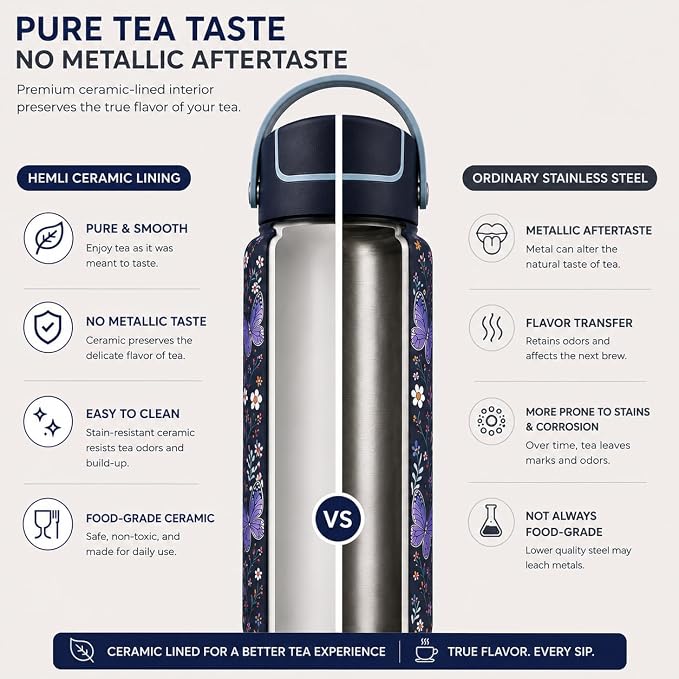 22 oz Ceramic Lined Tea Infuser Travel Tumbler, Micro-Mesh Stainless Steel Infuser, Pure Taste Ceramic Interior, Triple Insulated 12hr Hot Cold, Dual Sip & Straw Lid, Scratch-Resistant