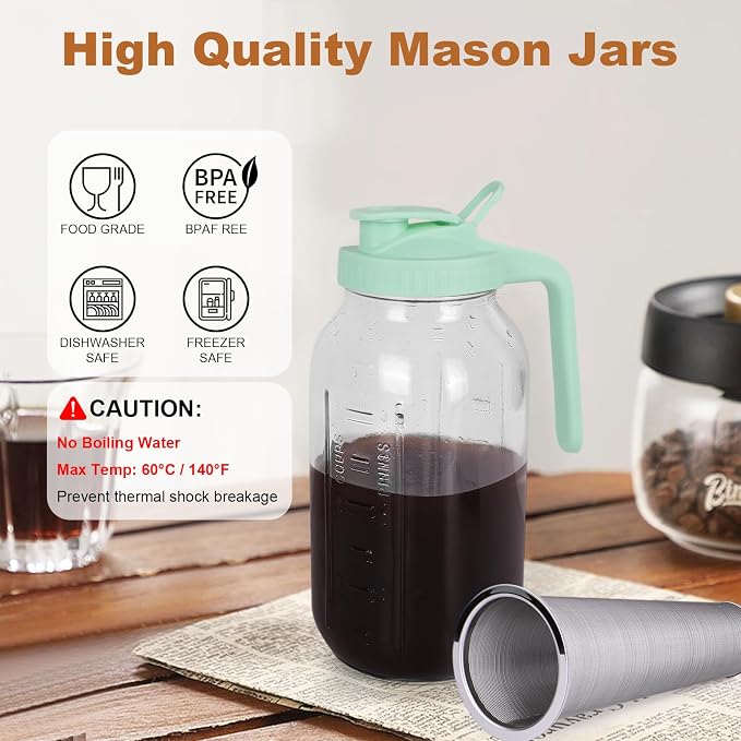 Cold Brew Coffee Maker, 64 oz Mason Jar Pitcher with Stainless Steel Filter, Pour Spout Handle Lid, Heavy Duty Glass Airtight & Leak-Proof for Iced Coffee,Tea & Lemonade