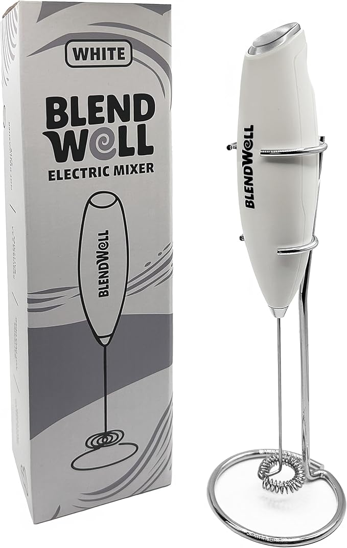 BlendWell Electric Milk Frother for Matcha and Coffee, Handheld Battery Operated Drink Mixer with Stand, Stainless Steel Whisk, White