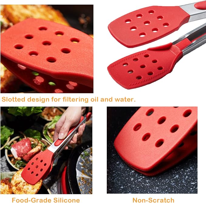 9 Inch Kitchen Tongs, Stainless Steel Cooking Tongs with Silicone Tips | For Cooking/Serving/Grilling | Heat-Resistant | Food-Grade Material | Dishwasher Safe | Red