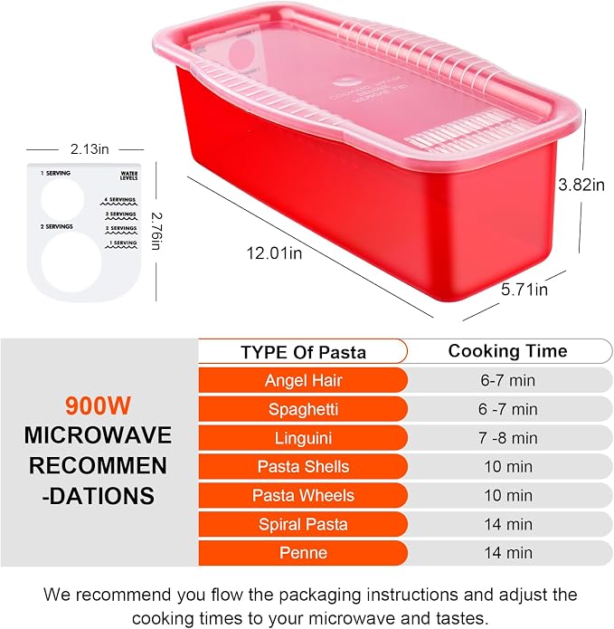 Microwave Pasta Cooker with Strainer Lid & Built-in Measuring Card | Quickly Cook 1-4 Servings-No Mess, Sticking or Waiting for Boil, Pasta Cooker in Microwave for Dorm, RV,Kitchen & Quick Meals
